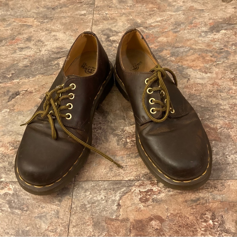 Dr. Martens Brown Leather 4-Eye Derby Shoes with Yellow Stitching